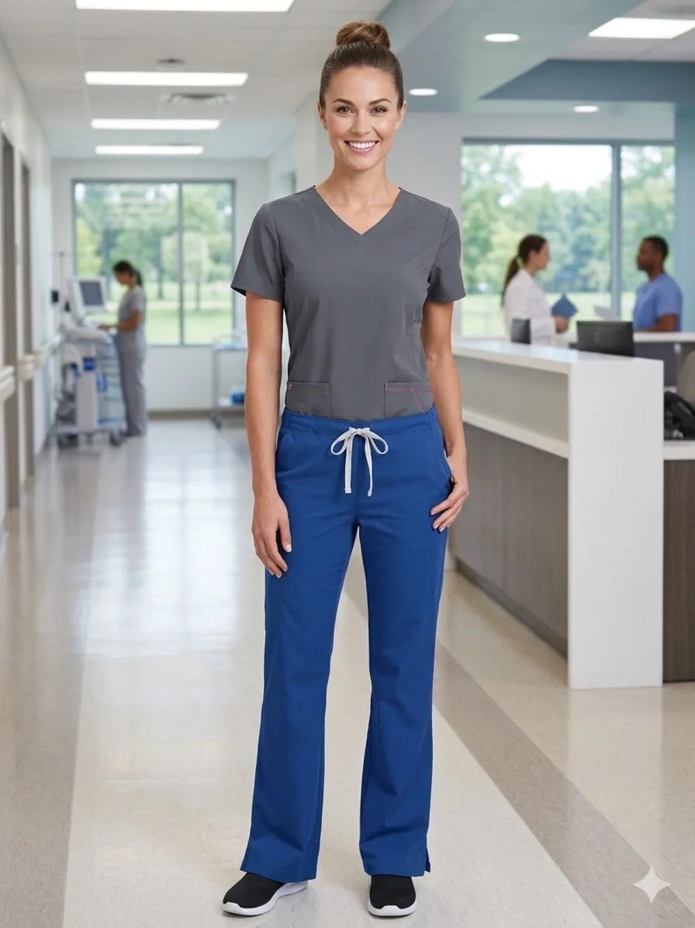 Take 50% OFF- 2pcs Women's Gray V-Neck Scrub Top & Blue Drawstring Pants, Size-S
